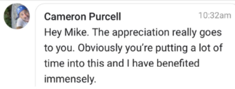 Message from a climber who learned from Mike online