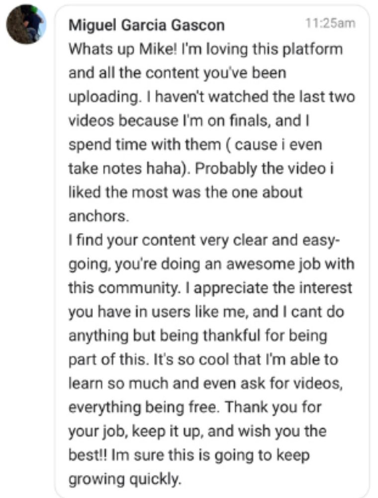 Message from a climber who learned from Mike online